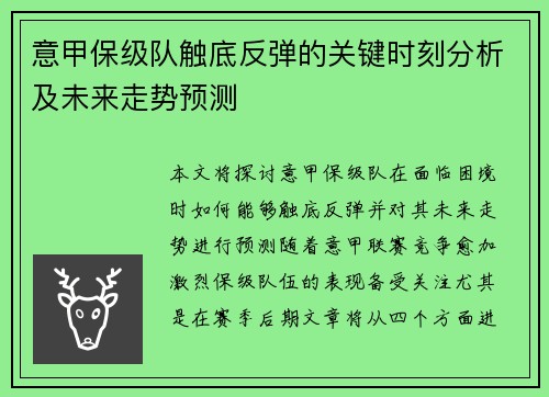 意甲保级队触底反弹的关键时刻分析及未来走势预测