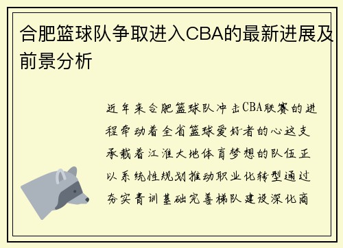 合肥篮球队争取进入CBA的最新进展及前景分析