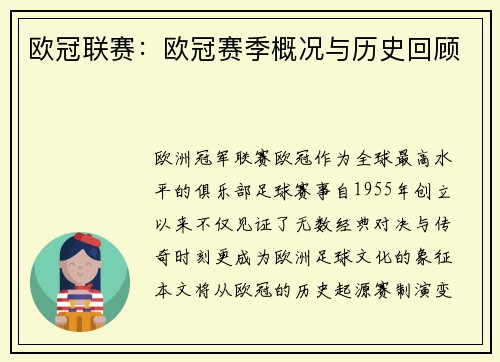 欧冠联赛：欧冠赛季概况与历史回顾